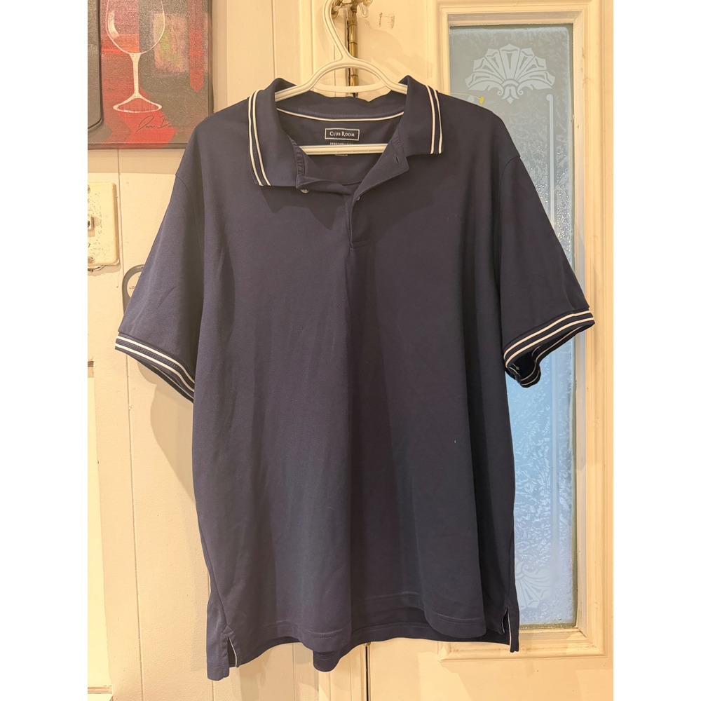 Club Room Performance Mens XXL Navy Blue Tipped Pique Polo Shirt Short Sleeve